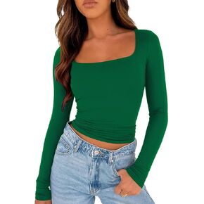 قميص طويل الأكمام للنساء - تي شيرت ضيق برقبة مربعة للخروج وبطانة مزدوجة in Kuwait