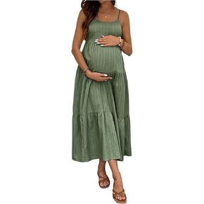 OYOANGLE Women's Bow Layered Ruffle Maternity Long Cami Dresses | Flowy Sleeveless Spaghetti Strap, Vacation, Summer, Elegant Textured Maxi Sundress in Kuwait