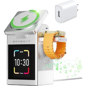 محطة شحن لاسلكية 3 في 1 شاشة LCD تعمل باللمس مع مكبر صوت بلوتوث 5.3، ساعة منبه رقمية، شاحن Qi MagSafe لأجهزة iPhone iWatch AirPods، محول 20 وات، مناسب للمنزل والمكتب والسفر، فضي in Kuwait