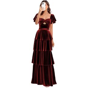 Tiered Velvet Bridesmaid Dress Elegant for Women Short Sleeve A Line Formal Evening Gown Cut Out Maxi Dresses in Saudi Arabia