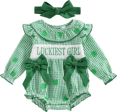 Baby Girl St Patricks Day Outfits Long Sleeve Letter Embroidery Romper with Headband Set Newborn Spring Clothes in Saudi Arabia