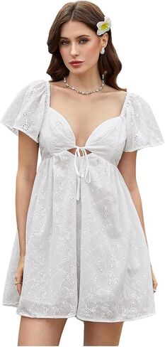 MakeMeChic Women's Casual Ruffle Mini Dress Summer Flutter Sleeve V Neck Tie Front Cutout A Line Dress in Saudi Arabia