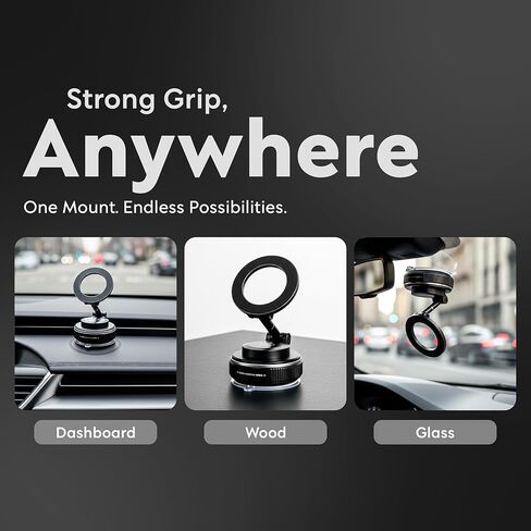Heavy Duty Magnetic Phone Holder Vacuum Suction Mount Foldable, 360° Adjustable, Car/Office/Gym - Dashboard, Windshield, Window, Mirror, Universal Mount - Magsafe Compatible, iPhone, Samsung, Pixel in Saudi Arabia