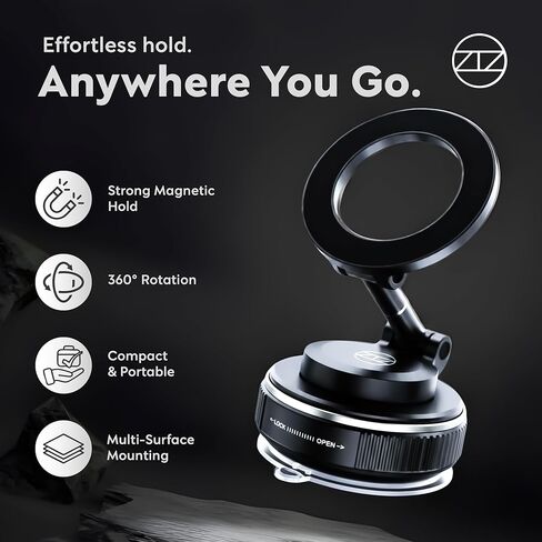 Heavy Duty Magnetic Phone Holder Vacuum Suction Mount Foldable, 360° Adjustable, Car/Office/Gym - Dashboard, Windshield, Window, Mirror, Universal Mount - Magsafe Compatible, iPhone, Samsung, Pixel in Saudi Arabia