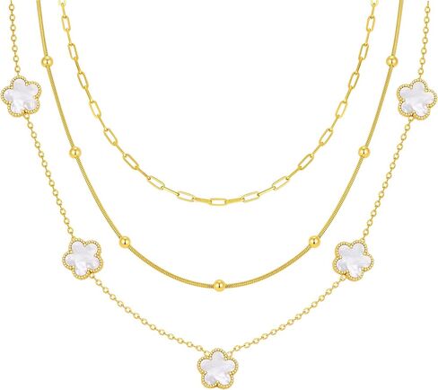 قلادة بطبقات ذهبية للنساء - 3 قطع من قلادات الزهور المطلية بالذهب عيار 18 قيراط، سلسلة ربط كوبية من الفولاذ المقاوم للصدأ قابلة للتكديس، مجوهرات عصرية غير مشوهة، قلادة متعرجة هدايا عيد الميلاد لها in Kuwait