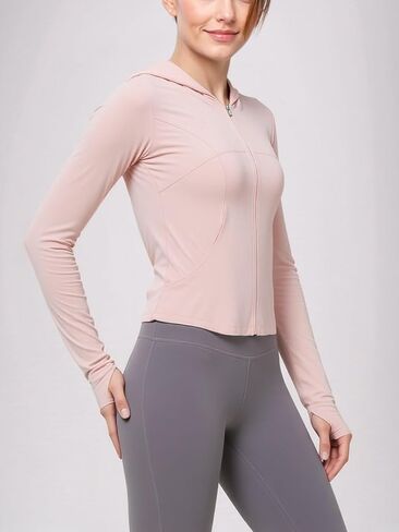 Women's Workout Jacket, Zip Front Hooded Athletic Top with Thumb Holes, Sportwear for Gym Yoga and Activity in Saudi Arabia
