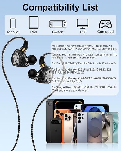 USB C in Ear Monitor Earbuds, HiFi Wired IEM Headphones with Microphone, Over Ear Gaming Earphones for iPhone 15 16 17 Pro Max Samsung S24 S25 Pixel Android, Type C Headphones with Noise Cancelling in Saudi Arabia
