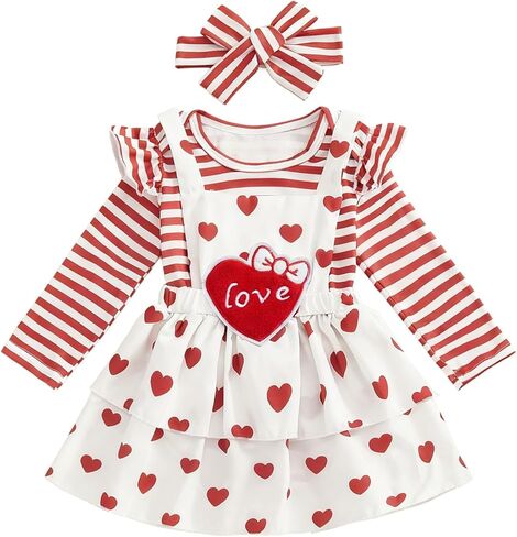Baby Girl Valentines Day Outfit Strip Long Sleeve Onesie Romper Heart Love Suspenders Dress Bows Newborn Clothes in Saudi Arabia