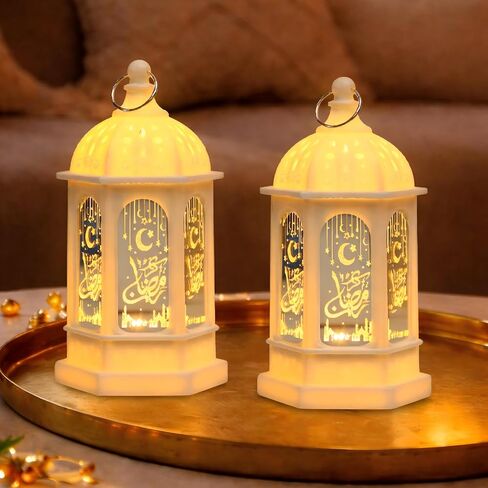 ديكورات رمضان، أضواء فانوس رمضان مع زخارف نجمة القمر الإسلامية، ديكور فانوس معلق LED صغير، ديكورات عيد مبارك لمدفأة الطاولة المنزلية، هدايا عيد رمضان 2 حزمة in Kuwait