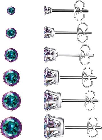Stainless Steel Stud Earrings Round Fancy Colored Cubic Zirconia Ear Studs for Women and Men Sensitive Ears Nickel Free CZ Stud Earrings Set Hypoallergenic Cubic Zirconia Earrings, 6 Pairs in Saudi Arabia