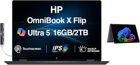HP OmniBook X Flip AI 2-in-1 Laptop 16" (1920x1200) IPS WUXGA Touchscreen (Intel Ultra 5-226v, 16GB LPDDR5X, 512GB SSD, Backlit KB, Copilot, Thunderbolt 4, Win 11 Home) w/DKZ USB Port Expander in Kuwait