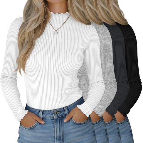 Neer 4 Pack Women's Mock Turtleneck Tops Cotton Long Sleeve Ribbed Lettuce Trim Shirts Slim Fit Casual Fall Basic Tees in Saudi Arabia