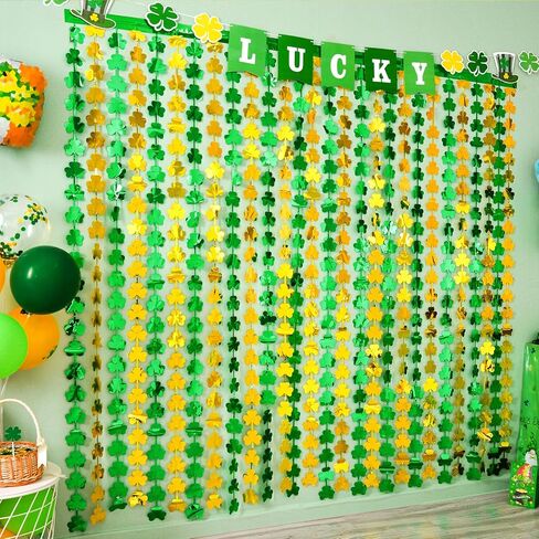 LOLStar 2-Pack St. Patrick's Day Tinsel Curtains, Green and Gold Shamrock, 3.3 x 6.6 ft, Photo Booth Props Backdrop, Stage Decorations, Irish Party Decorations in Kuwait