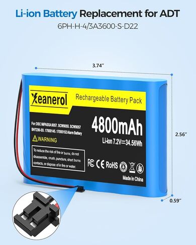 حزمة بطارية ليثيوم بديلة 4800 مللي أمبير في الساعة 7.2 فولت لـ ADT DSC 6PH-H-4/3A3600-S-D22، IMPASSA 9057 SCW9057 SCW9055 BH7236-SS 17000145 17000152 لوحة تحكم نظام الإنذار مع أداة، موصل 2 دبوس in Kuwait