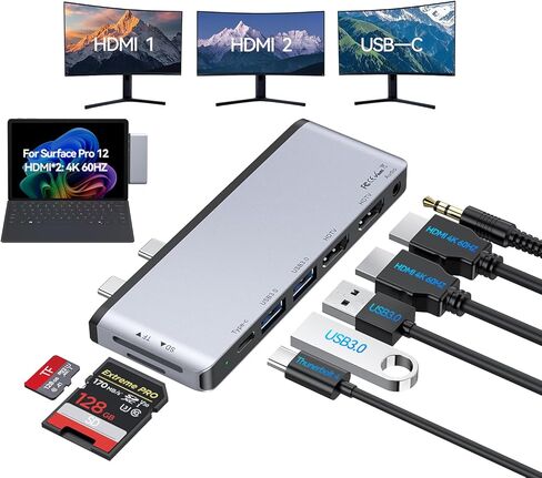 قاعدة تركيب ملحقات Surface Pro 11 مع HDMI مزدوج 4K@60 هرتز، USB-C Thunerbolt 4 (شاشة + بيانات + شحن 100 واط)، 2 USB 3.0، SD/TF، ​​ميكروفون 3.5 مم، محول USB C Hub لجهاز Surface Pro 11/10/9/X in Kuwait