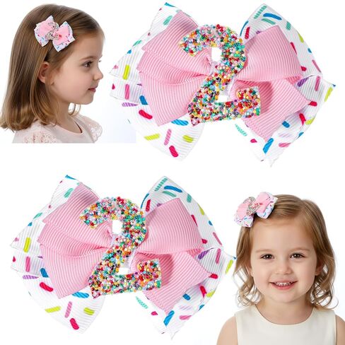 Sparkly Number 2 Birthday Hair Bow with Sprinkle, Sweet Outfit Pink Pigtail Hair Bows for 2 3 4 5 6 7 Years for Baby Girls Two 2nd Second Birthday in Kuwait
