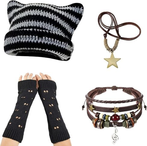 مجموعة إكسسوارات 4 قطع من إكسسوارات Grunge Emo، قبعة صغيرة محبوكة على شكل قطة وقفازات ممزقة بدون أصابع، قلادة أساور Y2k Fairycore للنساء باللون الكاكي in Kuwait