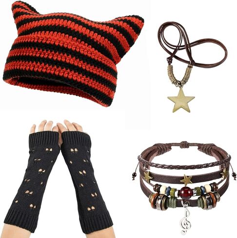 مجموعة إكسسوارات 4 قطع من إكسسوارات Grunge Emo، قبعة صغيرة محبوكة على شكل قطة وقفازات ممزقة بدون أصابع، قلادة أساور Y2k Fairycore للنساء باللون الكاكي in Kuwait