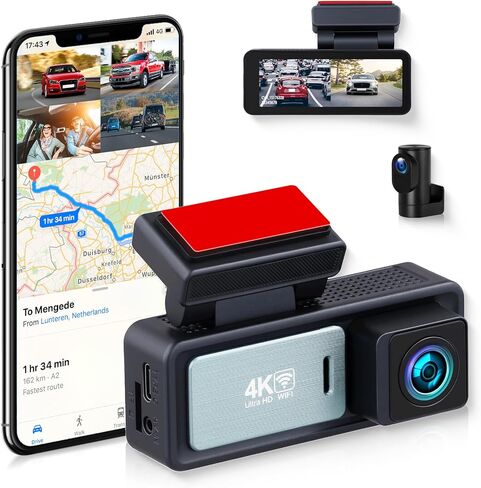 كاميرا أمامية وخلفية 4K مزدوجة للسيارات، 5G WiFi، التحكم في التطبيق، 3.12 بوصة IPS 4K 3840 * 2160P/FHD كاميرا داش، GPS، مستشعر G، وضع ركن السيارة 24 ساعة، تسجيل حلقي in Kuwait