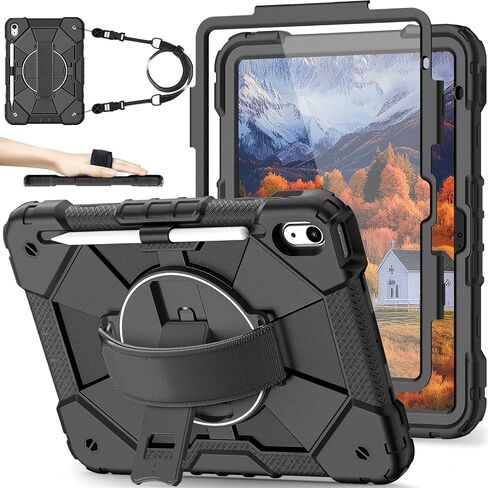 Case for iPad 10th Generation 10.9 Inch 2022 / iPad 11th Generation A16 Case 11 Inch 2025 with Screen Protector 10th Gen Cover for Kids Pencil Holder 360° Stand Shoulder Strap, Black Red in Saudi Arabia