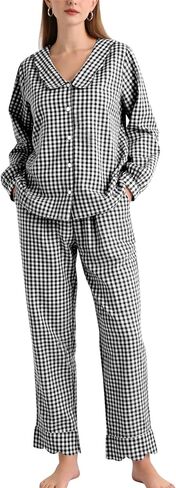 COZYPOIN Womens Gingham Pajama Sets Wave V-Neck Cotton Plaid Button Down Long Sleeve Shirt and Pants Y2K Lounge Set Sleepwear in Saudi Arabia