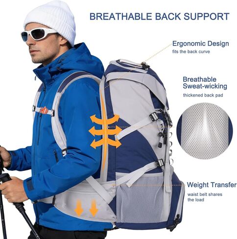 MOSISO 50L Hiking Backpack, Waterproof Camping Backpack with Rain Cover for Men Women, Lightweight Sport Daypack for Outdoor Camping Travel, Navy Blue in Saudi Arabia