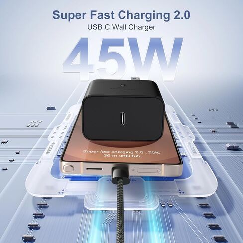 شاحن فائق السرعة 45 وات من النوع C لهاتف Galaxy S25 Ultra، كتلة شاحن USB-C مع كابل USB C إلى C بطول 6 أقدام متوافق مع هواتف iPhone 17 16 Pro Max Galaxy S25FE S24 S23 Tab S11 S10 Android، 3 عبوات in Kuwait