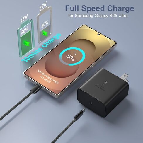 شاحن فائق السرعة 45 وات من النوع C لهاتف Galaxy S25 Ultra، كتلة شاحن USB-C مع كابل USB C إلى C بطول 6 أقدام متوافق مع هواتف iPhone 17 16 Pro Max Galaxy S25FE S24 S23 Tab S11 S10 Android، 3 عبوات in Kuwait