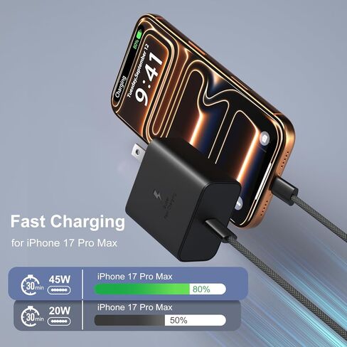 شاحن فائق السرعة 45 وات من النوع C لهاتف Galaxy S25 Ultra، كتلة شاحن USB-C مع كابل USB C إلى C بطول 6 أقدام متوافق مع هواتف iPhone 17 16 Pro Max Galaxy S25FE S24 S23 Tab S11 S10 Android، 3 عبوات in Kuwait