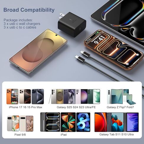 شاحن فائق السرعة 45 وات من النوع C لهاتف Galaxy S25 Ultra، كتلة شاحن USB-C مع كابل USB C إلى C بطول 6 أقدام متوافق مع هواتف iPhone 17 16 Pro Max Galaxy S25FE S24 S23 Tab S11 S10 Android، 3 عبوات in Kuwait