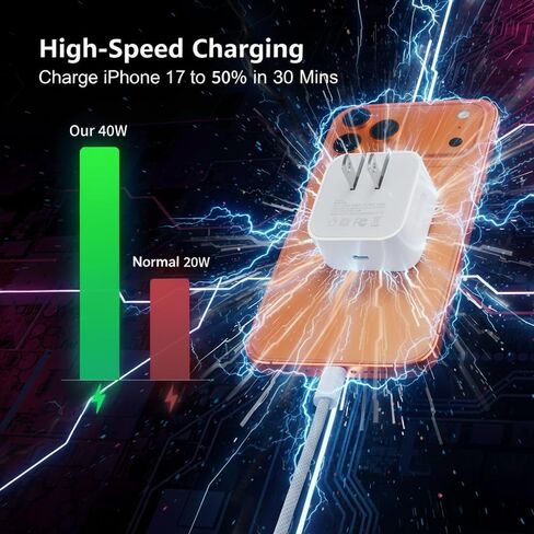 شاحن USB C بقدرة 40 وات لهاتف iPhone 17 16 شحن سريع، محول طاقة للهاتف قابل للطي بقدرة 60 وات بحد أقصى مع كابلات من النوع C بطول 5 أقدام، متوافق مع سلسلة iPhone 17 16 15 Air Pro، عبوتان in Kuwait