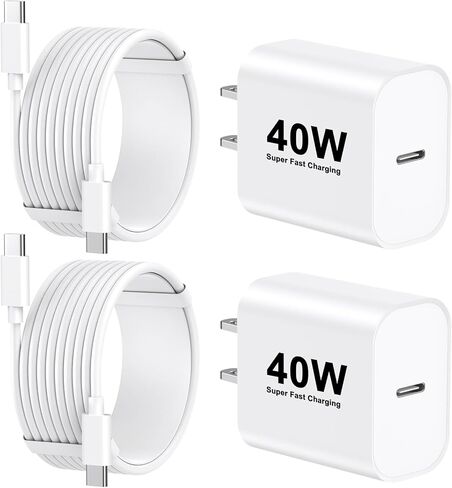 كتلة شاحن سريع iPhone 17، [معتمد من Apple MFi] 2 حزمة قابس شاحن حائط USB C بقوة 40 وات مع سلك شحن USB C إلى C بطول 10 أقدام لهاتف iPhone 17/17Air/17Pro Max/16 Pro Max/16Pro/15 ProMax-Home/Travel Essential in Kuwait