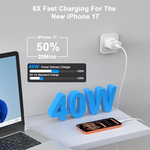 كتلة شاحن سريع iPhone 17، [معتمد من Apple MFi] 2 حزمة قابس شاحن حائط USB C بقوة 40 وات مع سلك شحن USB C إلى C بطول 10 أقدام لهاتف iPhone 17/17Air/17Pro Max/16 Pro Max/16Pro/15 ProMax-Home/Travel Essential in Kuwait