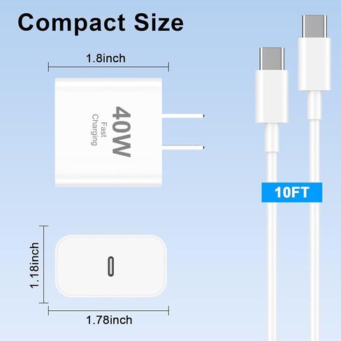 كتلة شاحن سريع iPhone 17، [معتمد من Apple MFi] 2 حزمة قابس شاحن حائط USB C بقوة 40 وات مع سلك شحن USB C إلى C بطول 10 أقدام لهاتف iPhone 17/17Air/17Pro Max/16 Pro Max/16Pro/15 ProMax-Home/Travel Essential in Kuwait