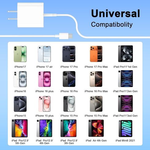 كتلة شاحن سريع iPhone 17، [معتمد من Apple MFi] 2 حزمة قابس شاحن حائط USB C بقوة 40 وات مع سلك شحن USB C إلى C بطول 10 أقدام لهاتف iPhone 17/17Air/17Pro Max/16 Pro Max/16Pro/15 ProMax-Home/Travel Essential in Kuwait