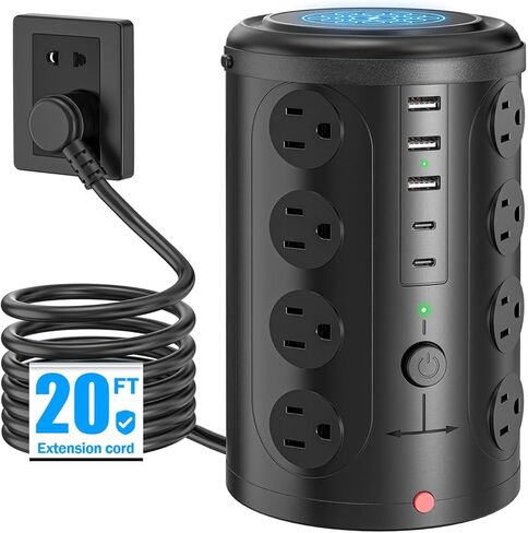 Tower Surge Protector Power Strip (16 AC Outlets + 5 USB Ports Including 2 Type-C), 6FT Extension Cord, 1800J Protector Charging Tower, Essential for Home/Office/Dorm in Saudi Arabia
