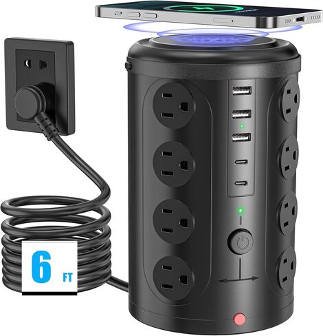Tower Surge Protector Power Strip (16 AC Outlets + 5 USB Ports Including 2 Type-C), 6FT Extension Cord, 1800J Protector Charging Tower, Essential for Home/Office/Dorm in Saudi Arabia