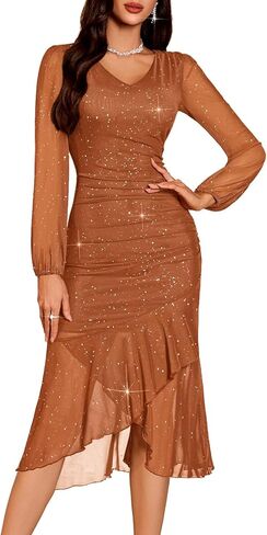 DRESSTELLS Sequin Wedding Guest Dresses for Women, Formal Cocktail Holiday Party Bodycon Mesh Ruched Long Dress in Saudi Arabia