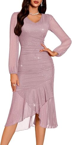 DRESSTELLS Sequin Wedding Guest Dresses for Women, Formal Cocktail Holiday Party Bodycon Mesh Ruched Long Dress in Saudi Arabia