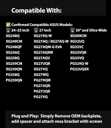 محول VESA لشاشات ASUS ROG Strix وSwift - لوحة فاصلة لأذرع VESA مقاس 100x100 - يعمل على إصلاح مشكلة التركيب الغائرة - متوافق مع شاشات ROG مقاس 24–35 بوصة in Saudi Arabia