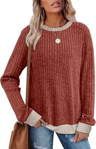 Womens Tops Long Sleeve Shirts Lightweight Sweaters Loose Fit Crewneck Color Block Fall Fashion Outfits in Saudi Arabia