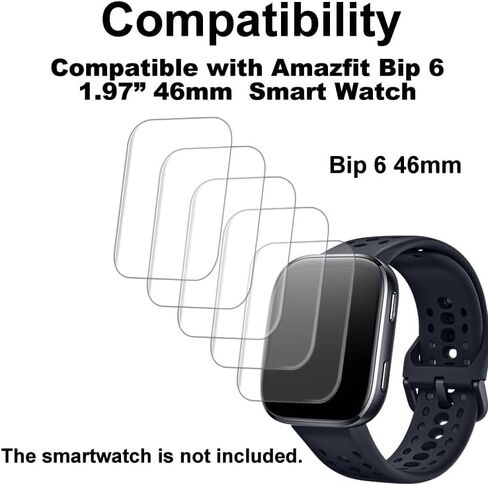 6-PACK Screen Protector Compatible with Amazfit Bip 6 1.97" 46mm Fitness Tracker Smart Watch, Soft TPU, Full Coverage, Bubble Self-healing, with Non-Slip Pad Sticker in Saudi Arabia