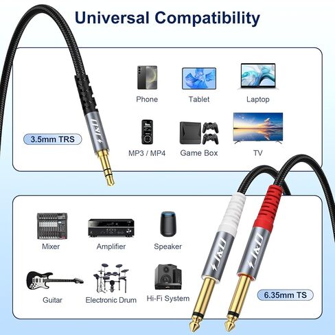 J&D 1/8 to 1/4 Stereo Cable, 3.5mm TRS to Dual 6.35mm TS Mono Y-Splitter Adapter Nylon Braid Jack Breakout Cord for Smartphone, CD Player, Speakers and Home Systems Amplifier, 6.6 Feet, Grey in Saudi Arabia