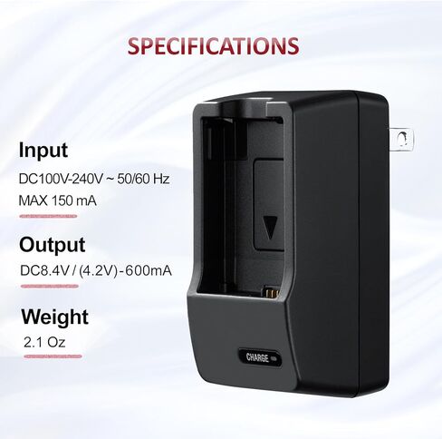 شاحن بطارية متوافق مع Leica D-LUX 5. الجهد الكهربائي العالمي (100-240 فولت)، تصميم مدمج محمول، قابس قابل للطي (يتضمن شاحن السيارة) in Kuwait