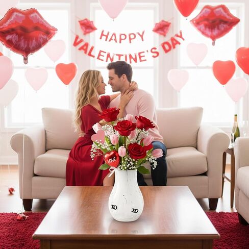 Skylety Valentine's Day Icon Glass Vase Icon Pink & White Flower Vase 5.75'' x 4.25'' Hand Blown Table Centerpiece for Him Her Valentine's Day Wedding Housewarming Gifts Home Decor (Red Lips) in Saudi Arabia