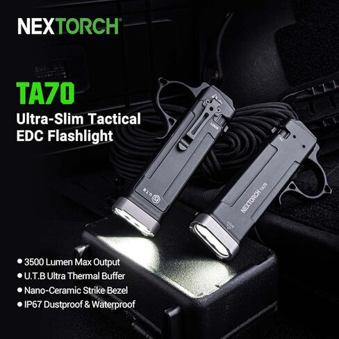 مصباح يدوي تكتيكي NEXTORCH TA70 EDC، مصباح يدوي مسطح قابل لإعادة الشحن، 3500 لومن تكتيكي/واجب ثنائي التبديل LED مصباح يدوي نحيف مع مشبك من الفولاذ المقاوم للصدأ للاستخدام في الهواء الطلق في حالات الطوارئ in Kuwait