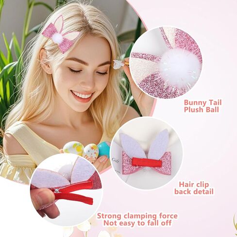 2pcs Easter Bunny Hair Bow Clips - Cute Pink & White Rabbit Ear Hairpins with Bowknot, Adorable Spring Hair Accessories for Women, Girls & Kids, Perfect for Easter Party, Daily Wear & Photo Props in Kuwait