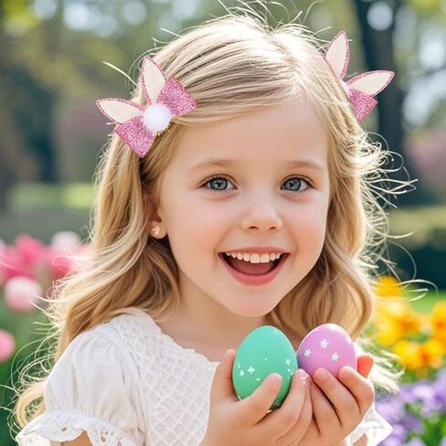 2pcs Easter Bunny Hair Bow Clips - Cute Pink & White Rabbit Ear Hairpins with Bowknot, Adorable Spring Hair Accessories for Women, Girls & Kids, Perfect for Easter Party, Daily Wear & Photo Props in Kuwait