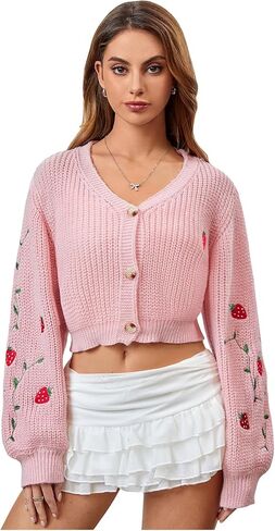 MakeMeChic Women's Strawberry Embroidery Lantern Sleeve V Neck Button Down Cardigan Knit Tops in Saudi Arabia