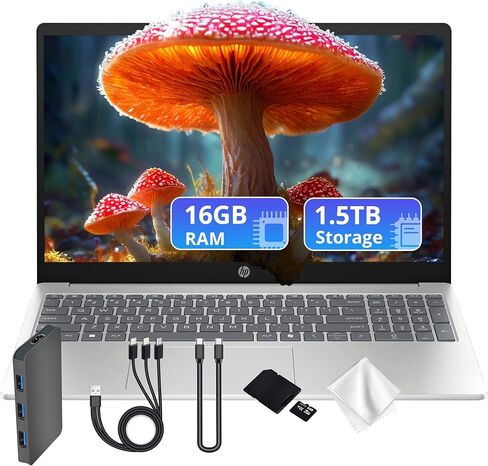 HP 15.6" HD Laptop, Intel i5-1334U, 16GB RAM, 1.5TB Storage (512GB SSD+1TB Docking Station Set), Intel UHD Graphics, Copilot, Full Size Keyboard, Wi-Fi 6, HD Camera, Windows 11 Home, Silver in Saudi Arabia